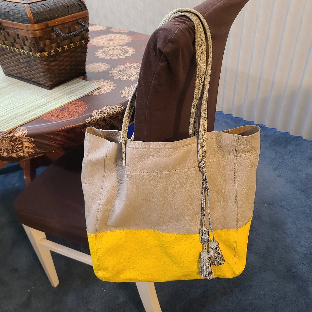 Rafe Leather Tote Handbag Purse Pebble Crocodile Snakeskin Textures Large Taupe
